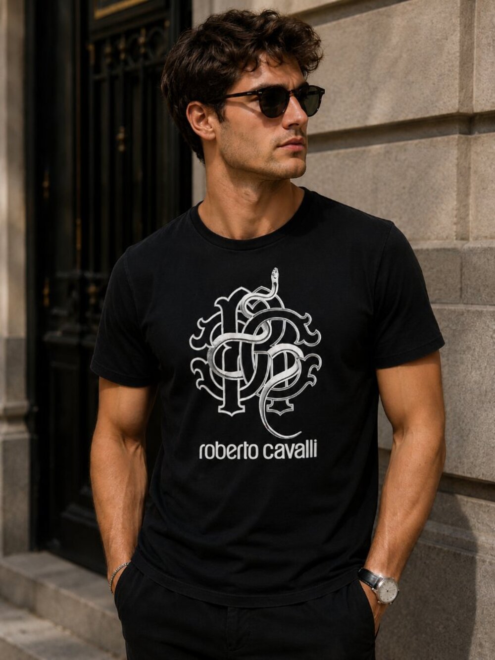 Roberto Cavalli Black Tee with White Logo Snake Graphic